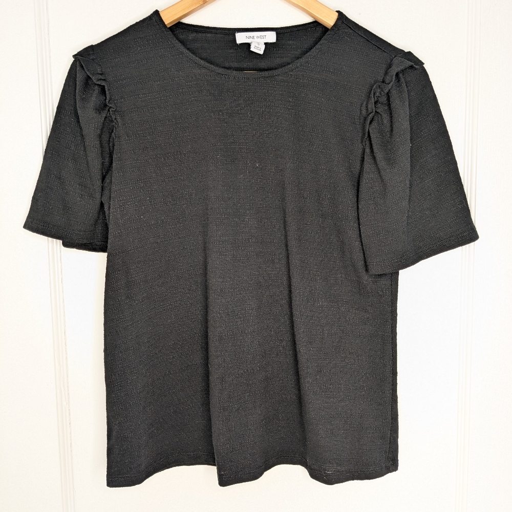 Small Black Nine West Short Ruffle Sleeve Crepe Blouse Good Used